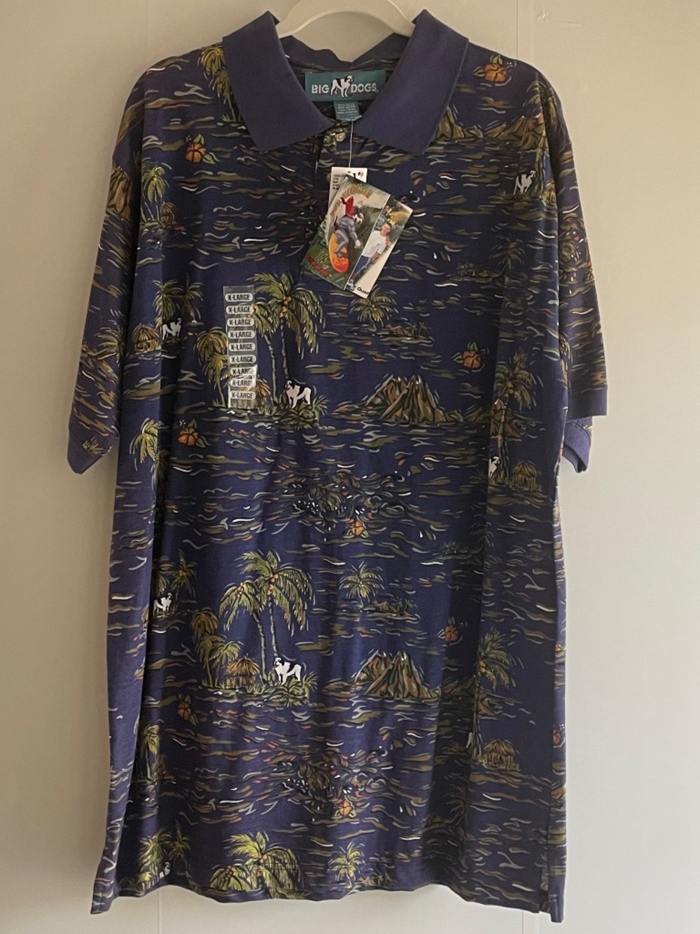 VTG Big Dogs Tropical Palm Tree Polo Shirt NWT Men's XL Navy Blue Hawaiian Dad